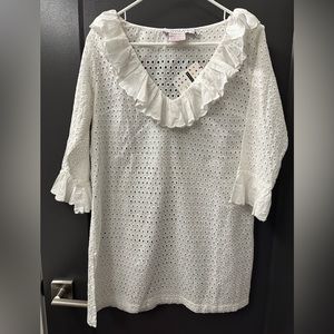 Gretchen Scott Eyelet Ruffle Neck White Dress